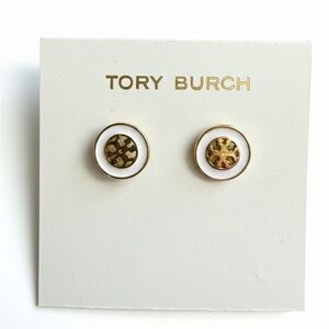 Tory Burch Gold and White Logo Stud Earrings